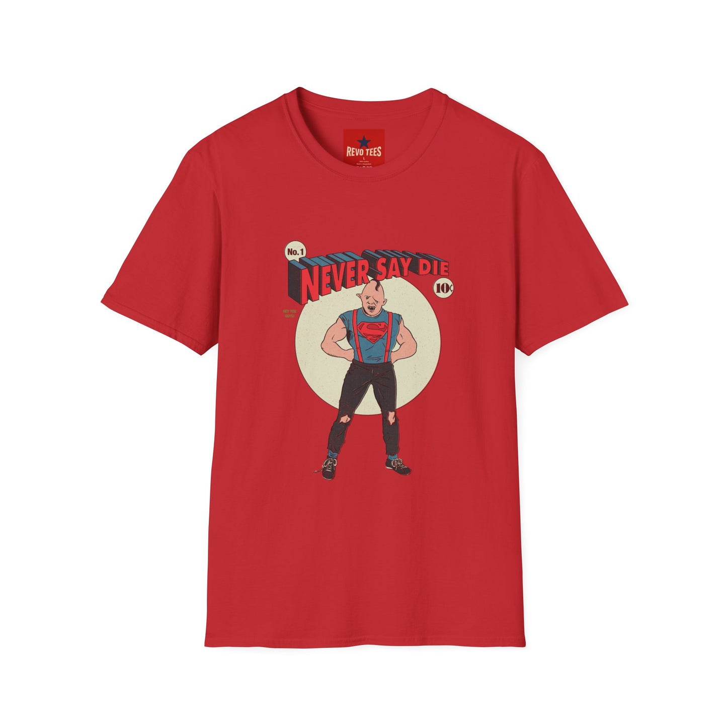 Never Say Die T‑Shirt — Vintage Superhero Graphic Tee