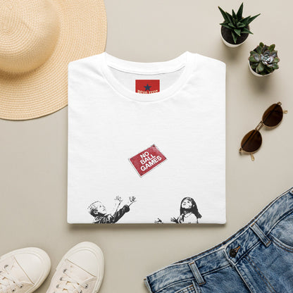 Banksy No More Games T-Shirt — Vintage Kids Throwing 'No More Games' Patch Graphic Tee