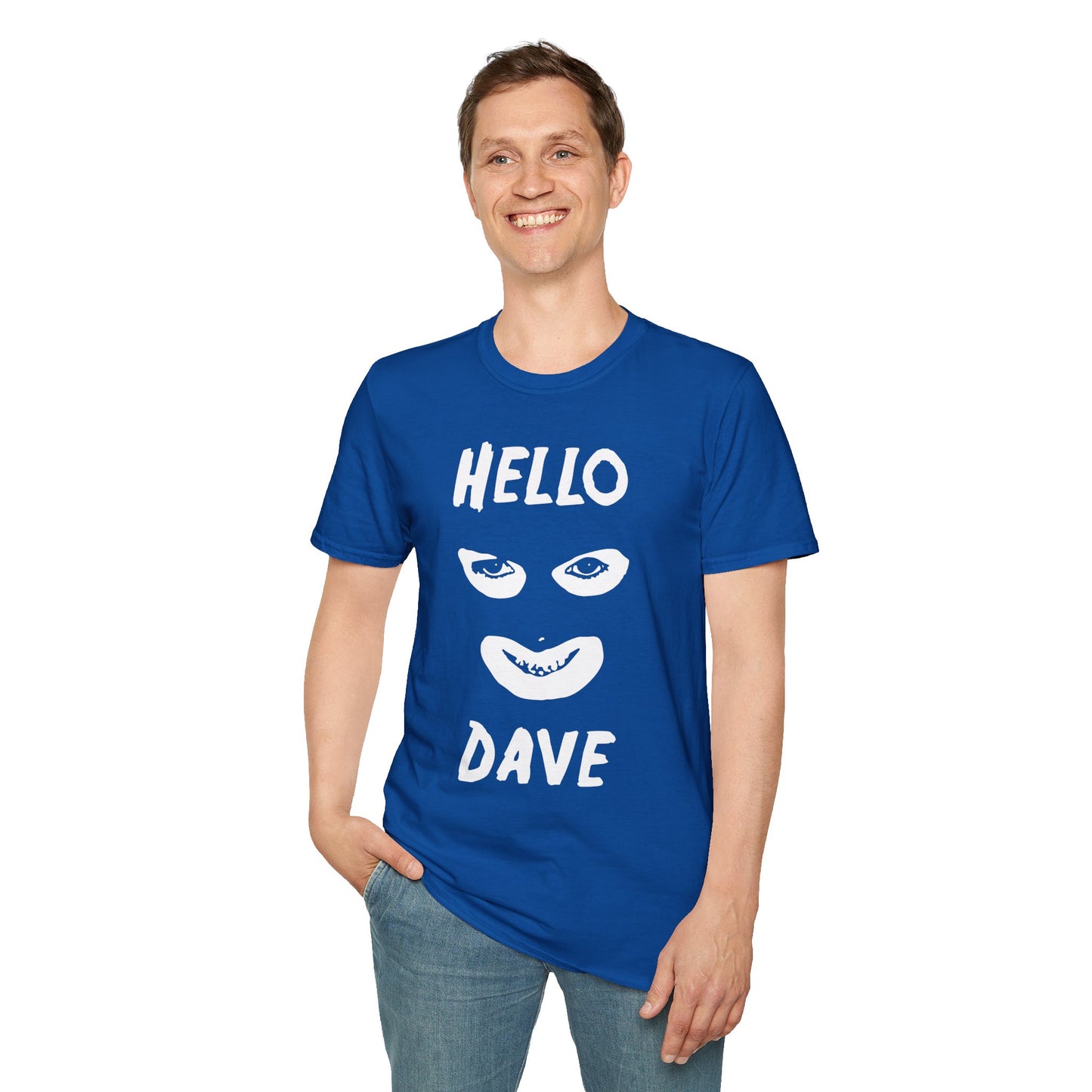 Hello Dave T-Shirt — Black Graphic Tee with Eyes & Smile