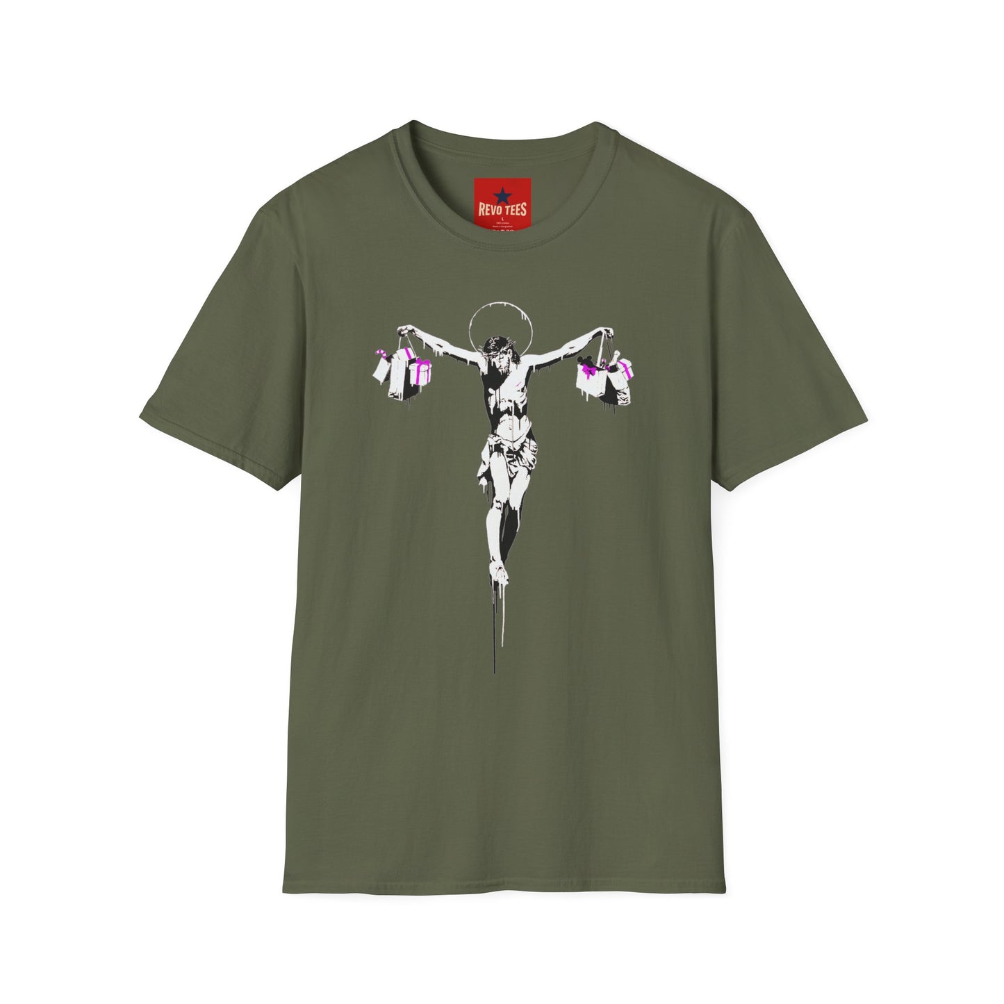 Banksy Crucifixion Balance Tee — Stenciled Jesus Holding Gift Bags Graphic T-Shirt