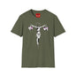 Banksy Crucifixion Balance Tee — Stenciled Jesus Holding Gift Bags Graphic T-Shirt