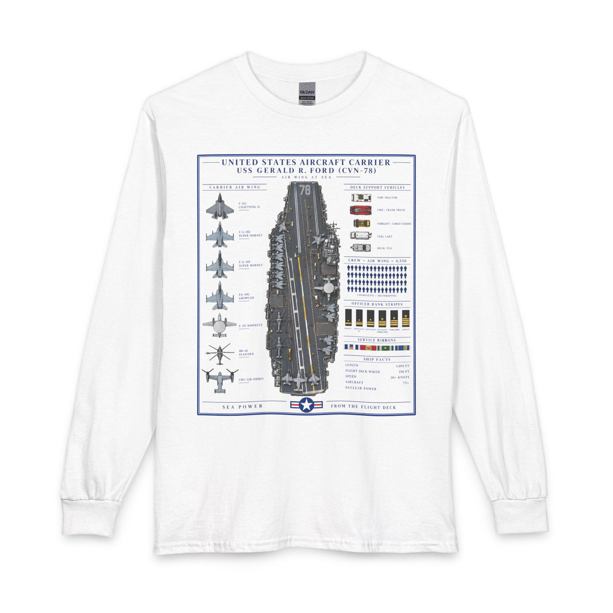 A white long-sleeve t-shirt with a detailed graphic print of the United States Aircraft Carrier USS Gerald R. Ford (CVN-75) on the front, displayed against a solid white background.