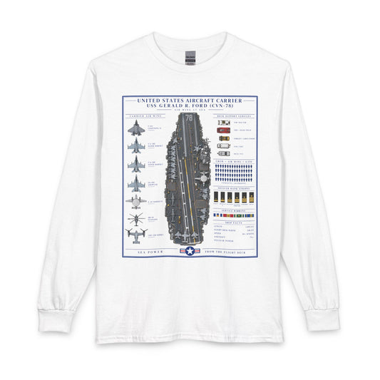 A white long-sleeve t-shirt with a detailed graphic print of the United States Aircraft Carrier USS Gerald R. Ford (CVN-75) on the front, displayed against a solid white background.