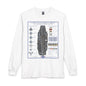 A white long-sleeve t-shirt with a detailed graphic print of the United States Aircraft Carrier USS Gerald R. Ford (CVN-75) on the front, displayed against a solid white background.