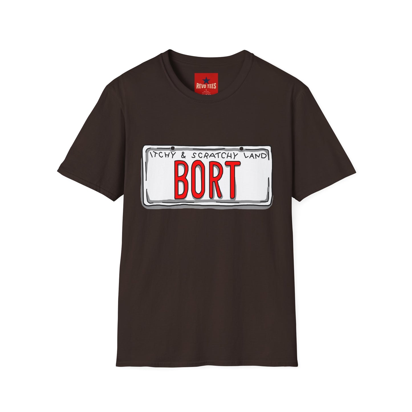 BORT License Plate T‑Shirt — 'Itchy & Scratchy Land' Retro TV Fan Tee