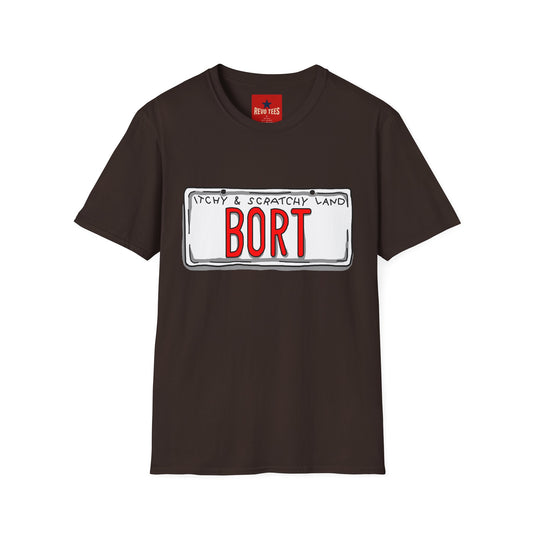 BORT License Plate T‑Shirt — 'Itchy & Scratchy Land' Retro TV Fan Tee
