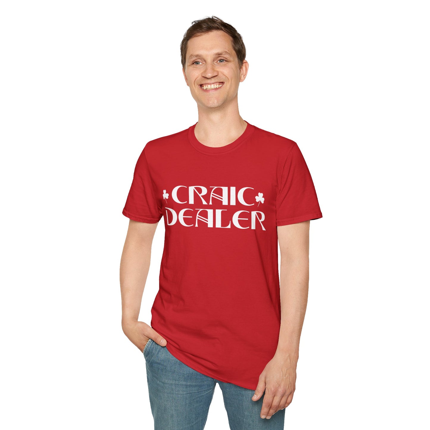 Craic Dealer T-Shirt — Irish Pub Humor Tee with Shamrock Design