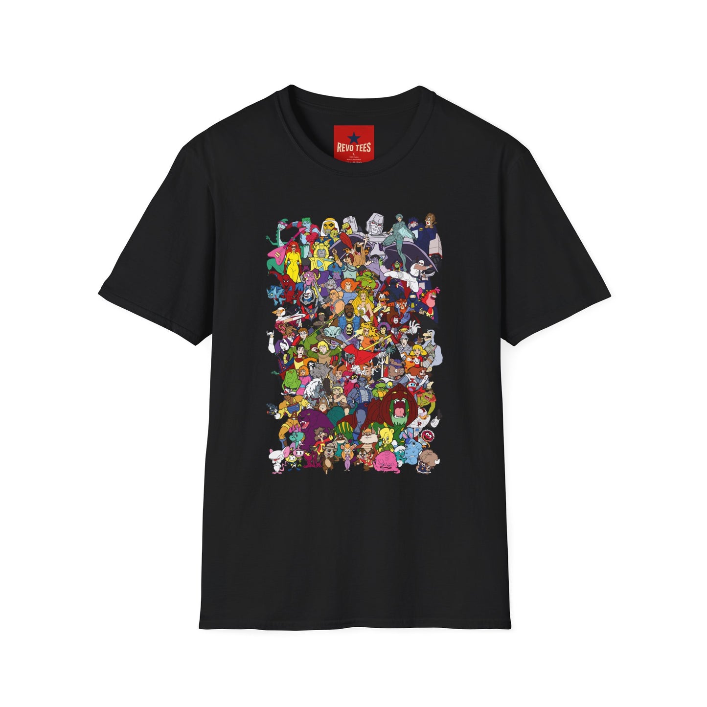 T-Shirt — Colorful Cartoon Characters Collage Graphic Tee
