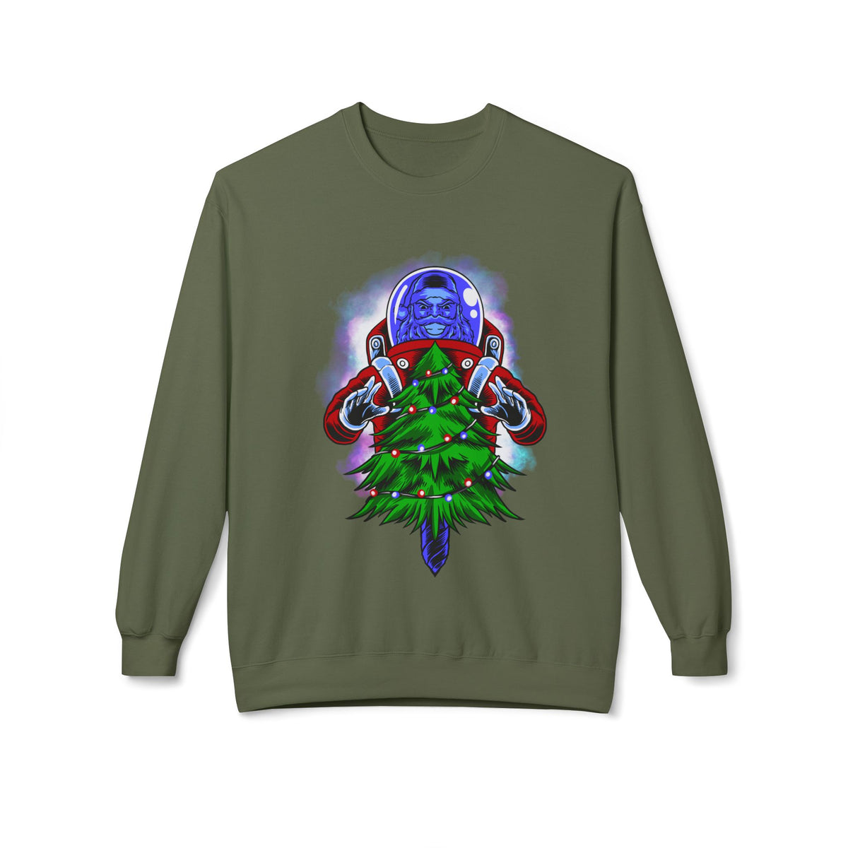 Astronaut Santa Pouncing on a Christmas Tree Crewneck Sweatshirt