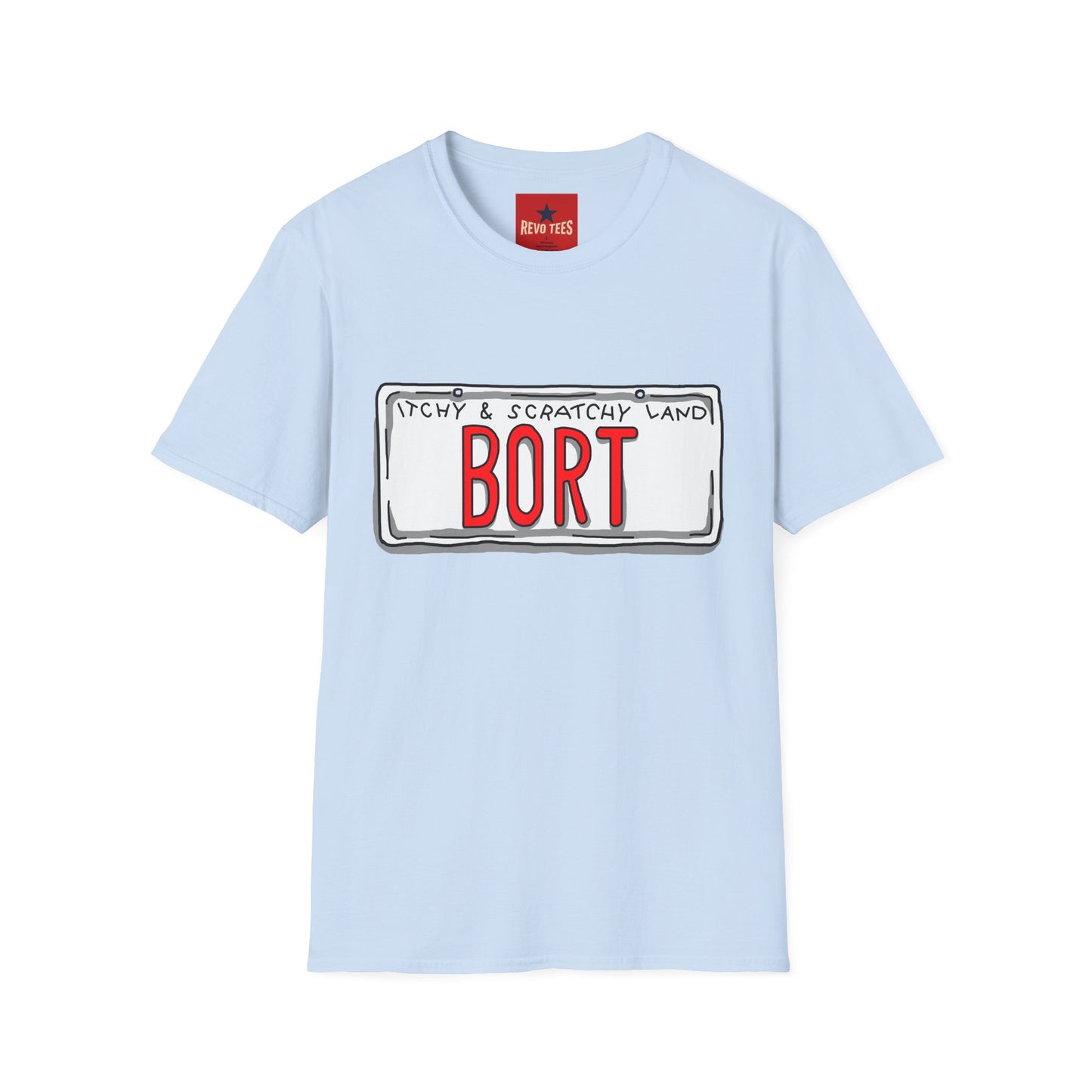 BORT License Plate T‑Shirt — 'Itchy & Scratchy Land' Retro TV Fan Tee