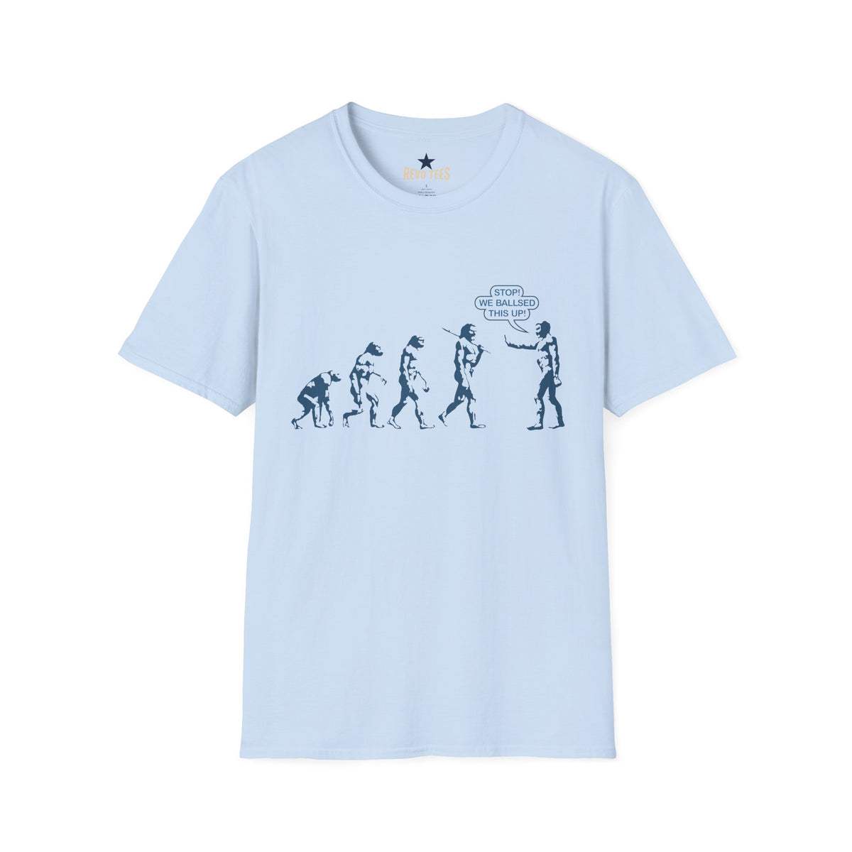 Revotees Evolution Funny Stop We Ballsed This Up Evolution Graphic T-Shirt - alternate view 4