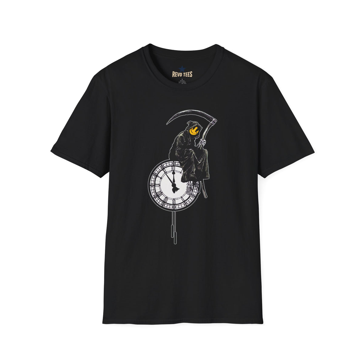 Revotees Banksy Grim Reaper Clock Graphic Smiley Mask T-Shirt - alternate view 2