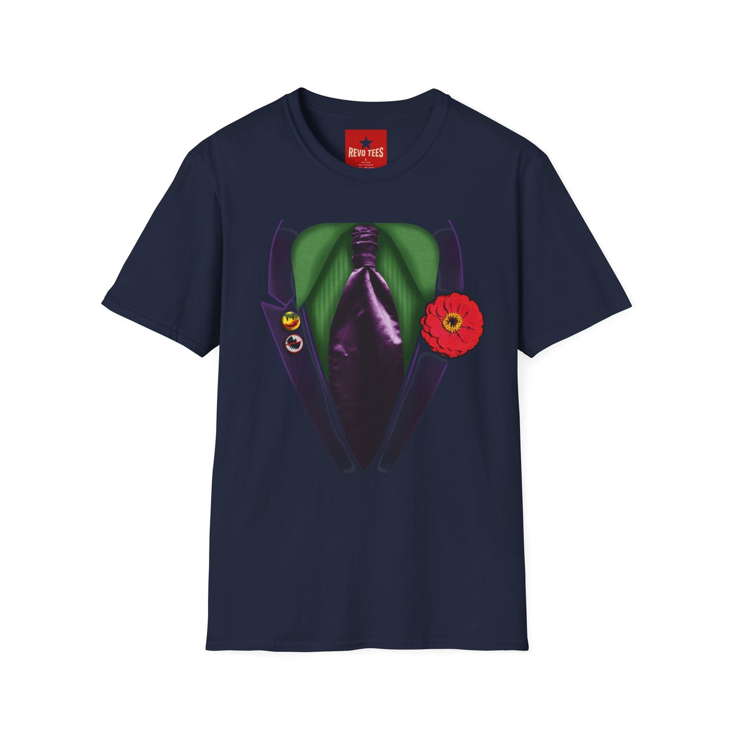 Joker Suit T‑Shirt — Green Vest, Purple Tie & Poppy Graphic Tee