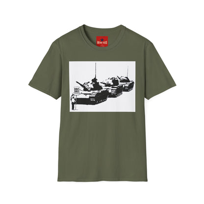Banksy Tank Lineup Graphic T-Shirt — Stencil Military Tanks Design