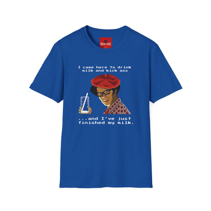 Graphic T‑Shirt — "I Came Here to Drink Milk and Kick Ass" Retro Pixel Design