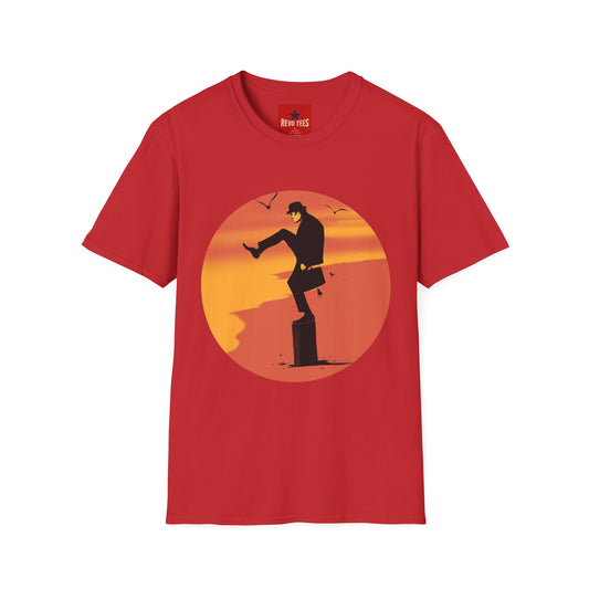 Sunset Silhouette T-Shirt — Kicking Man Retro Beach Graphic