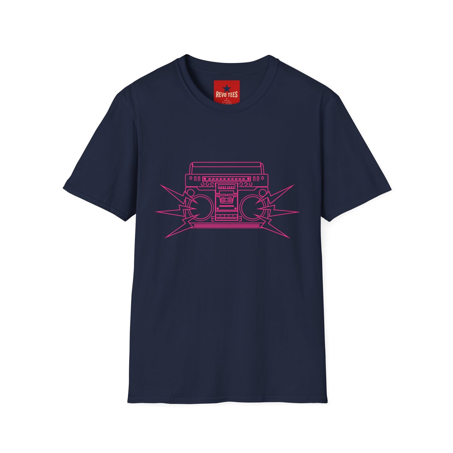 Retro Boombox Tee — Pink Line Art Vintage Radio Graphic T-Shirt