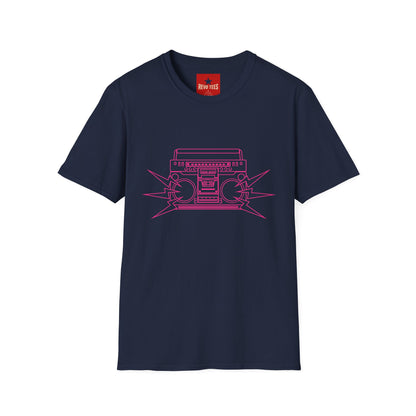 Retro Boombox Tee — Pink Line Art Vintage Radio Graphic T-Shirt
