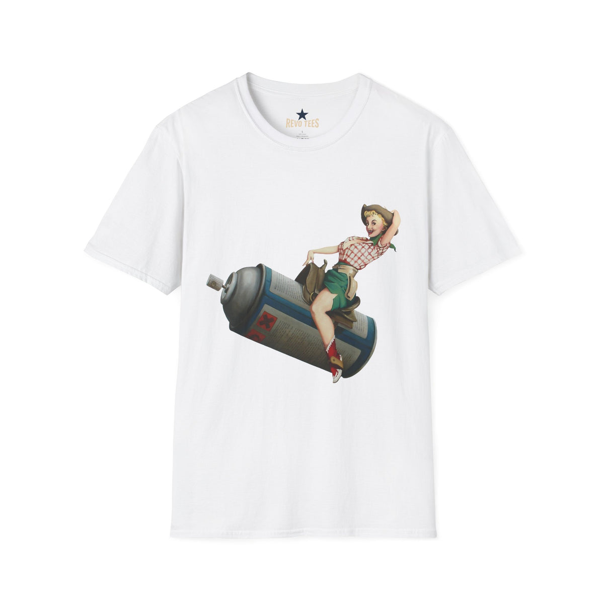 Revotees Banksy Pin Up Cowgirl Retro Pinup Girl Riding Soda Can Vintage T-Shirt