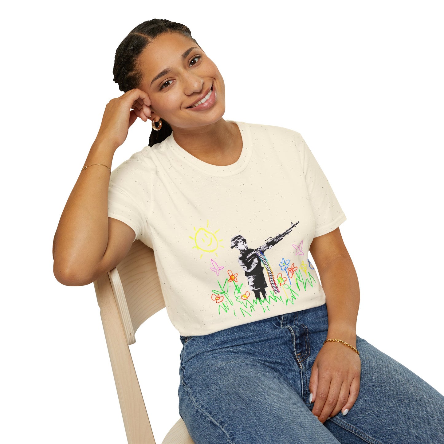 T-Shirt — Banksy Style Soldier with Childlike Doodle Flowers