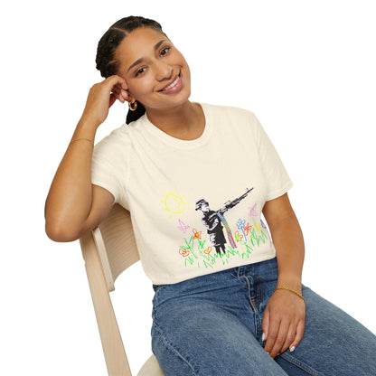T-Shirt — Banksy Style Soldier with Childlike Doodle Flowers