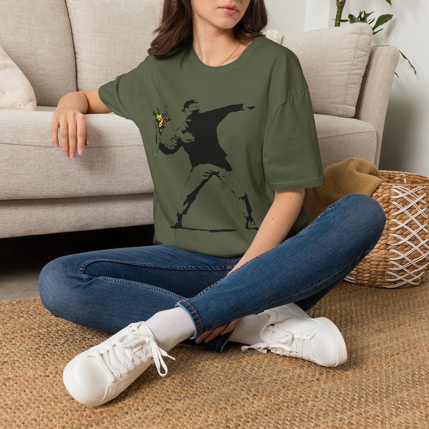 Banksy-Style Flower Bomber T-Shirt — Street Art Protest Graphic Tee