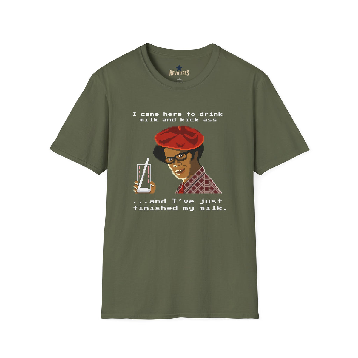 Revotees Graphic I Came Here to Drink Milk and Kick Ass Retro Pixel Design T-Shirt - alternate view 3