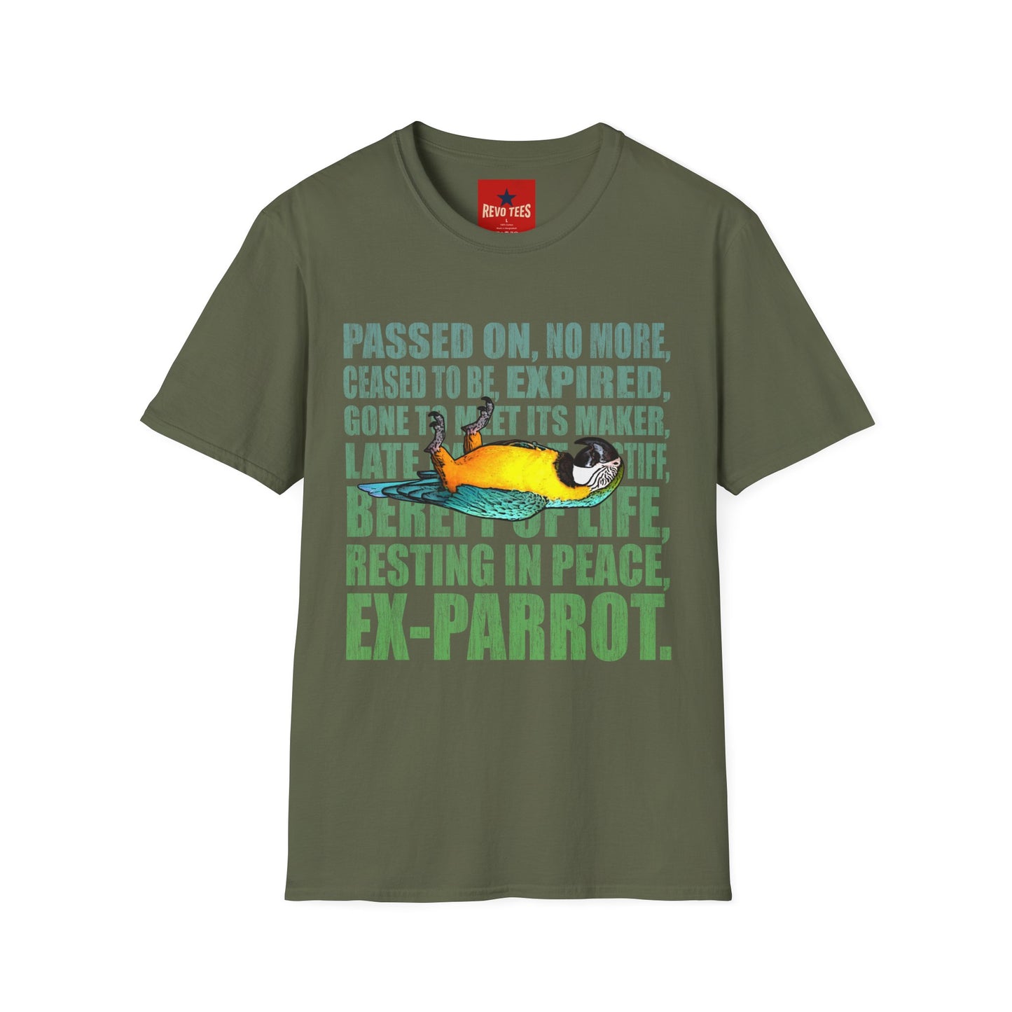 Ex-Parrot T-Shirt — Funny Parrot Memorial Tee (Passed On, Resting in Peace)