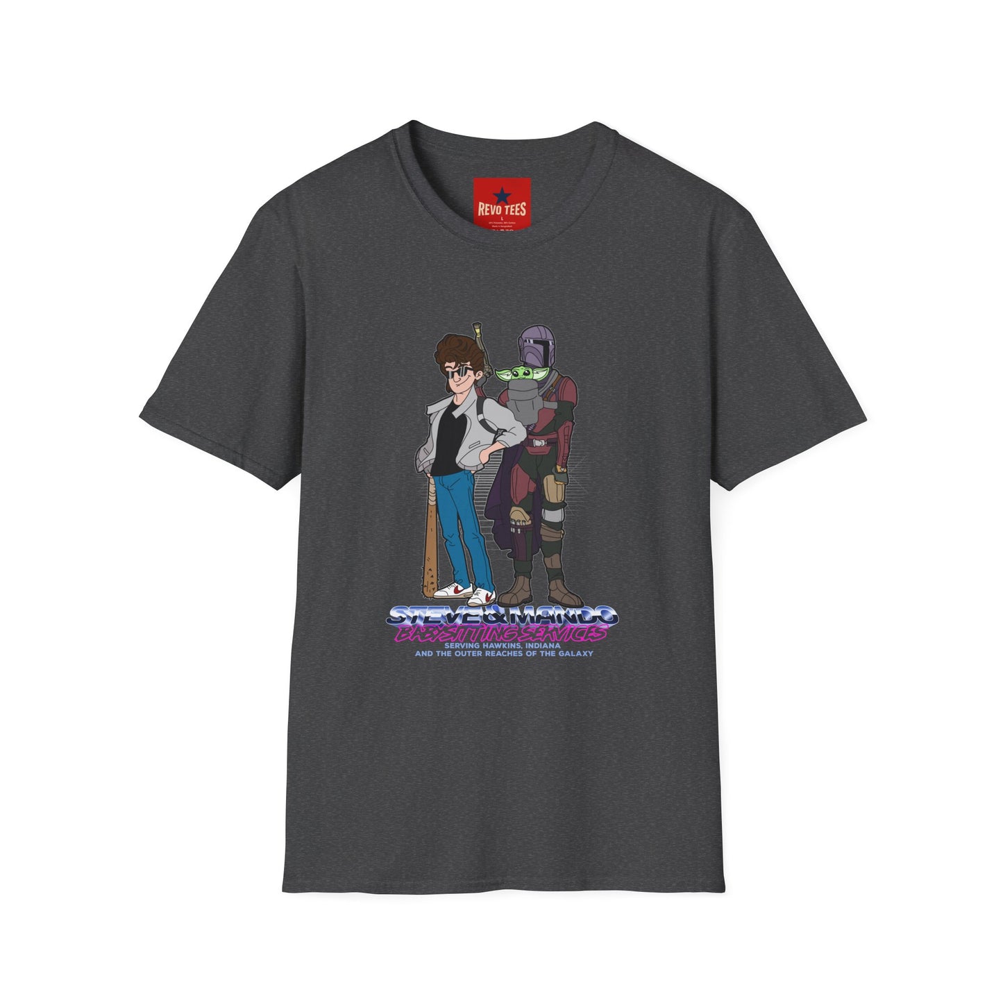 Retro Space Duo T‑Shirt — Cartoon Bounty Hunter & Kid Graphic Tee