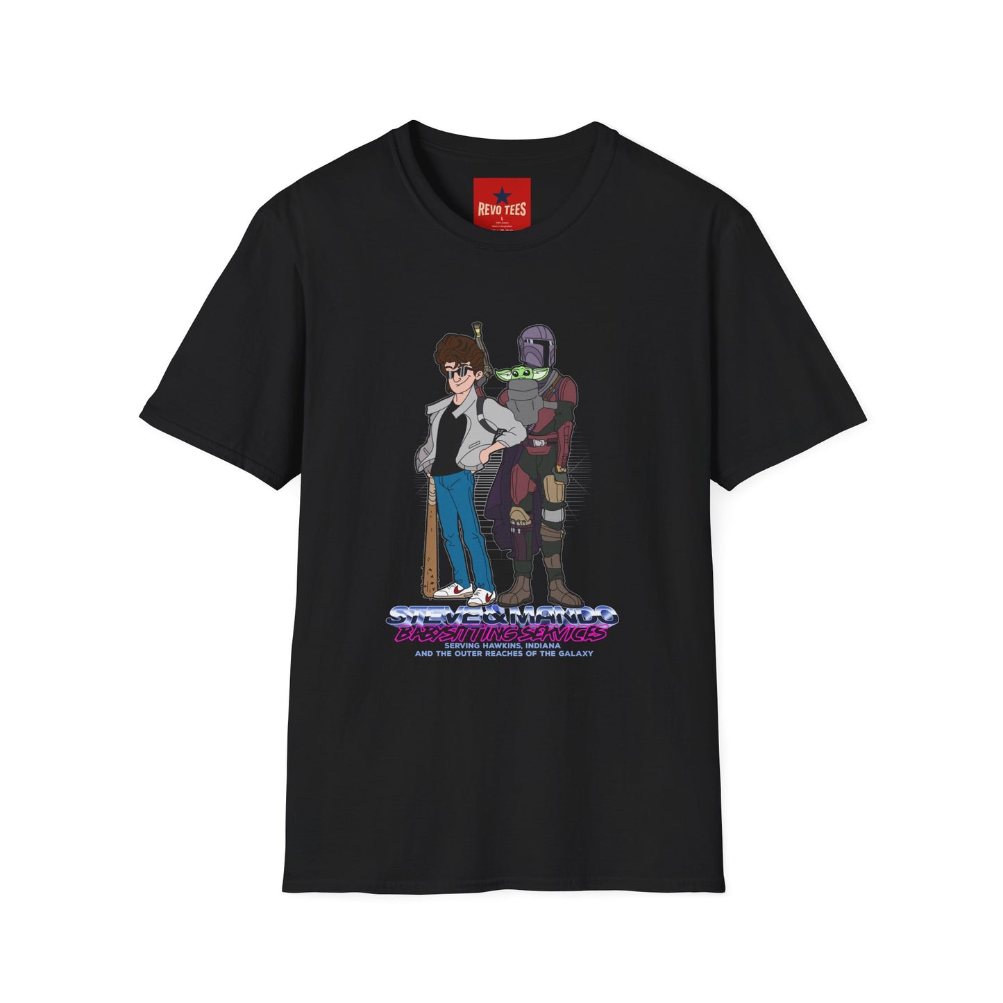 Retro Space Duo T‑Shirt — Cartoon Bounty Hunter & Kid Graphic Tee