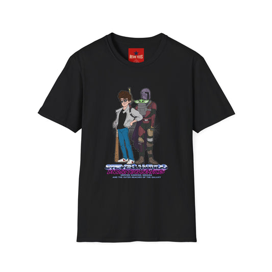 Retro Space Duo T‑Shirt — Cartoon Bounty Hunter & Kid Graphic Tee