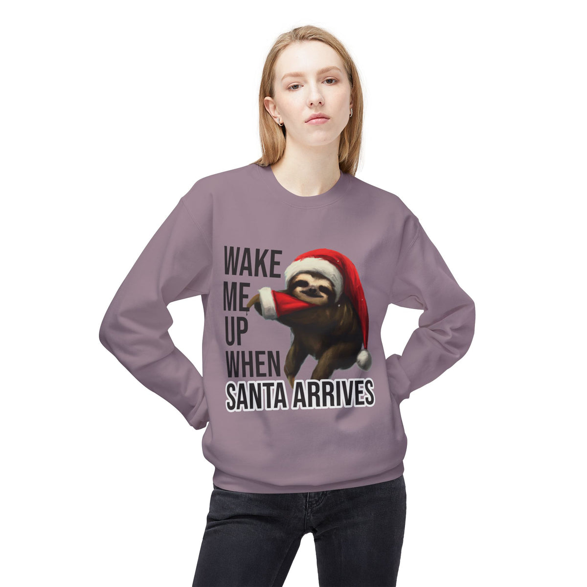 Sloth Santa Sweatshirt — "Wake Me Up When Santa Arrives" Holiday Crewneck