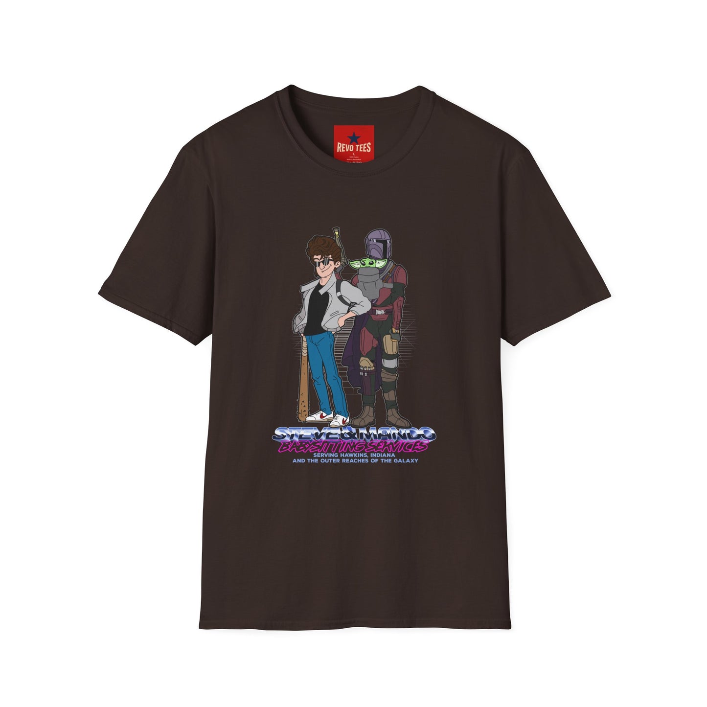 Retro Space Duo T‑Shirt — Cartoon Bounty Hunter & Kid Graphic Tee