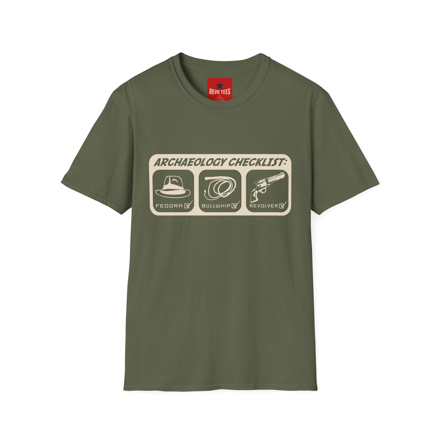 Archaeology Checklist T-Shirt — Fedora, Bullwhip & Revolver Graphic Tee