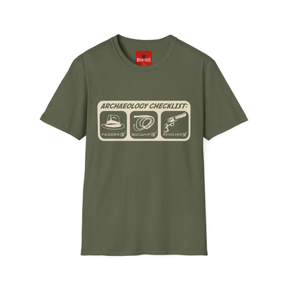 Archaeology Checklist T-Shirt — Fedora, Bullwhip & Revolver Graphic Tee