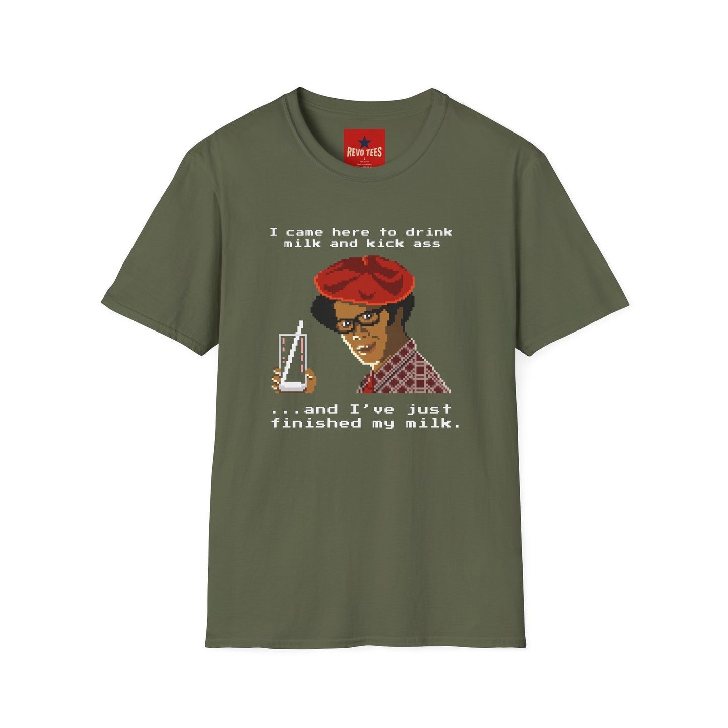 Graphic T‑Shirt — "I Came Here to Drink Milk and Kick Ass" Retro Pixel Design