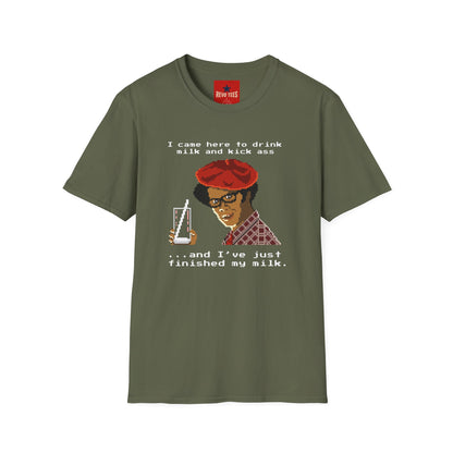 Graphic T‑Shirt — "I Came Here to Drink Milk and Kick Ass" Retro Pixel Design
