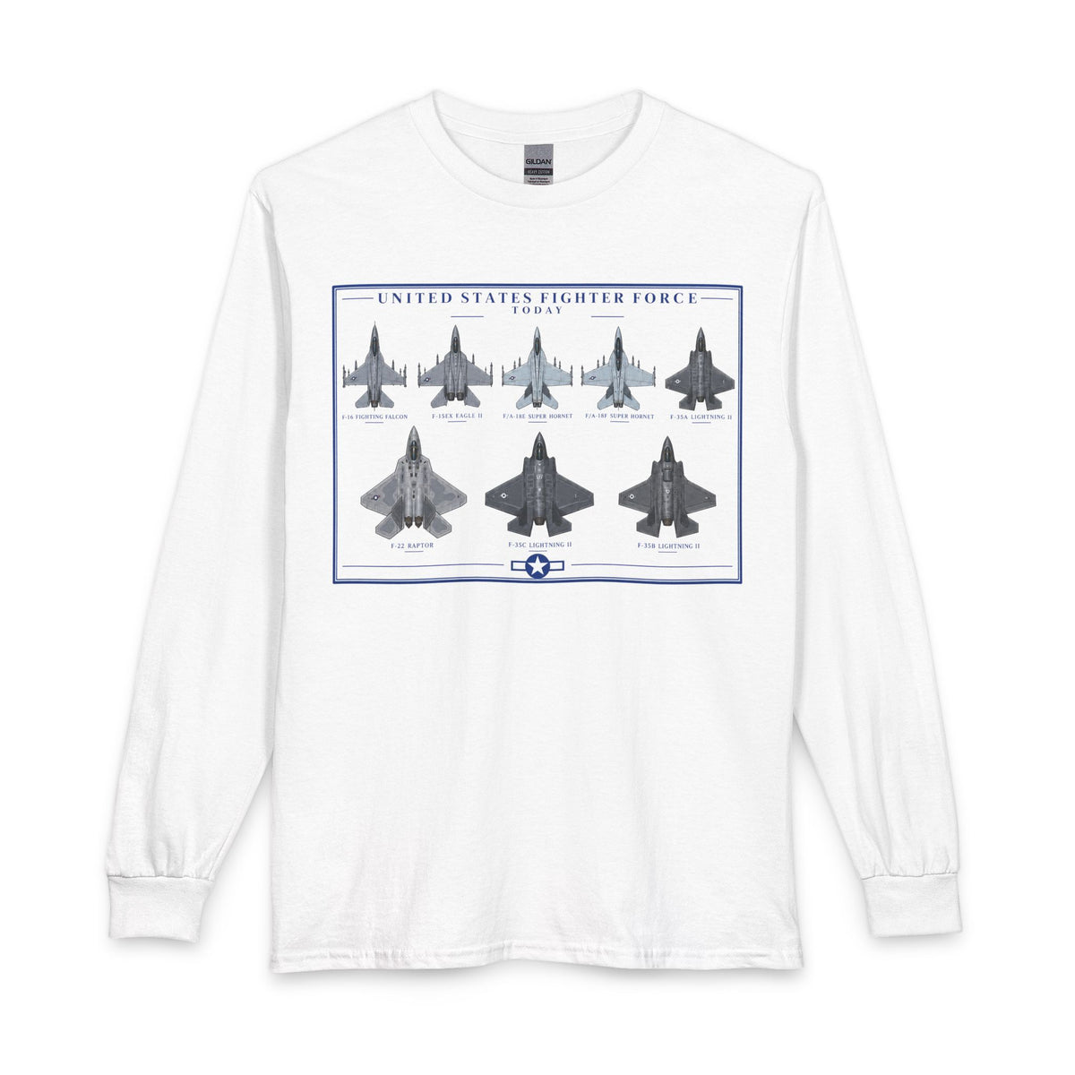 A white long-sleeve crewneck t-shirt featuring a graphic print of United States Fighter Force jets on the front, displayed against a solid white background.