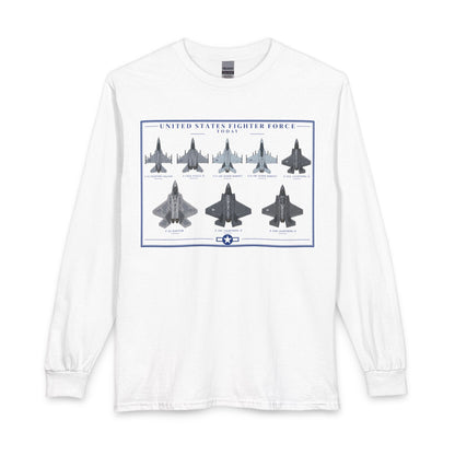 A white long-sleeve crewneck t-shirt featuring a graphic print of United States Fighter Force jets on the front, displayed against a solid white background.