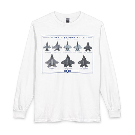 A white long-sleeve crewneck t-shirt featuring a graphic print of United States Fighter Force jets on the front, displayed against a solid white background.