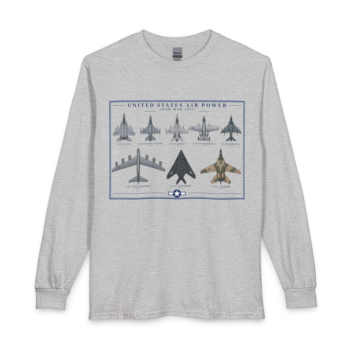 A light heather gray long-sleeve t-shirt with a vintage-style graphic print of United States Air Power aircraft on the front, displayed against a solid white background.