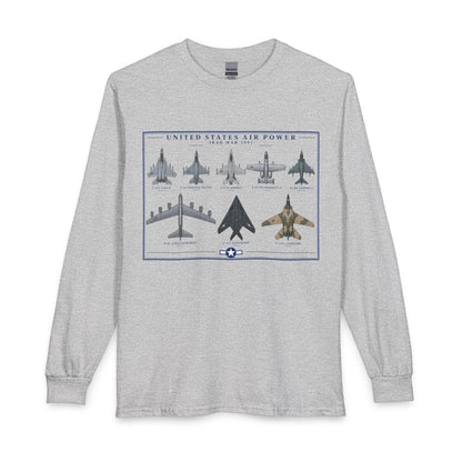A light heather gray long-sleeve t-shirt with a vintage-style graphic print of United States Air Power aircraft on the front, displayed against a solid white background.