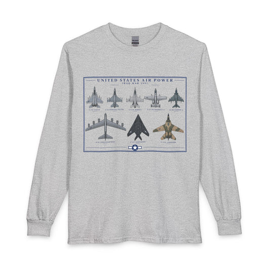 A light heather gray long-sleeve t-shirt with a vintage-style graphic print of United States Air Power aircraft on the front, displayed against a solid white background.