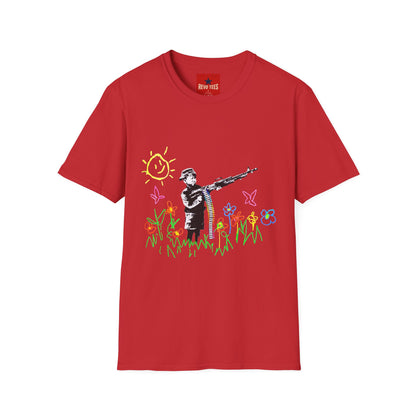 T-Shirt — Banksy Style Soldier with Childlike Doodle Flowers