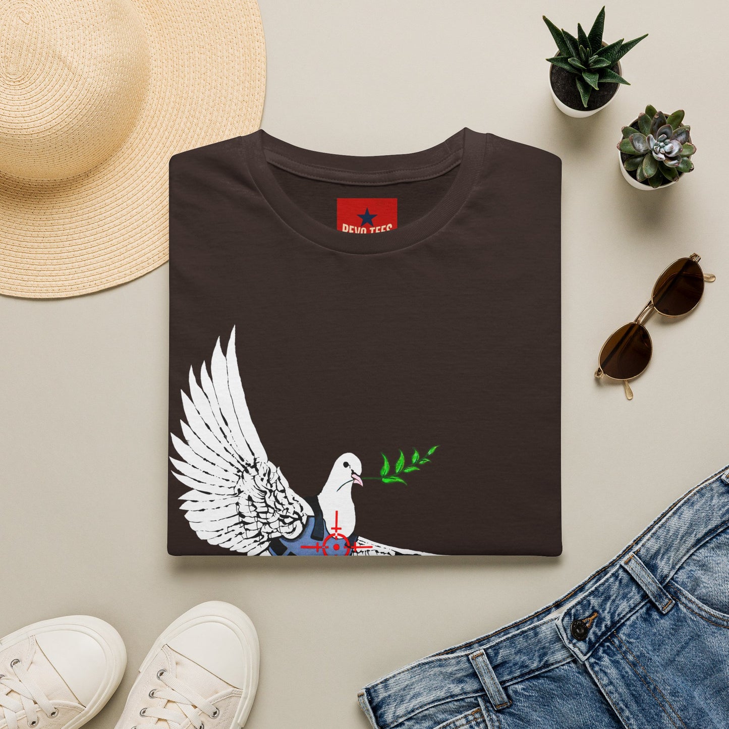 Banksy's Dove of Peace T‑Shirt — Flying Dove with Olive Branch & Earth Heart Graphic