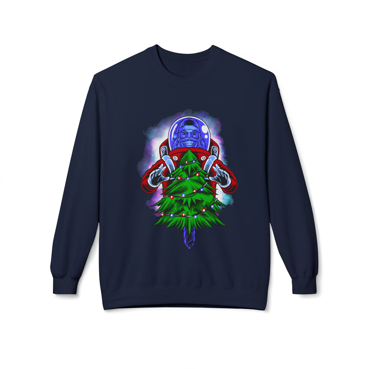 Astronaut Santa Pouncing on a Christmas Tree Crewneck Sweatshirt