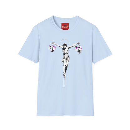 Banksy Crucifixion Balance Tee — Stenciled Jesus Holding Gift Bags Graphic T-Shirt