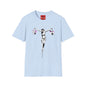 Banksy Crucifixion Balance Tee — Stenciled Jesus Holding Gift Bags Graphic T-Shirt