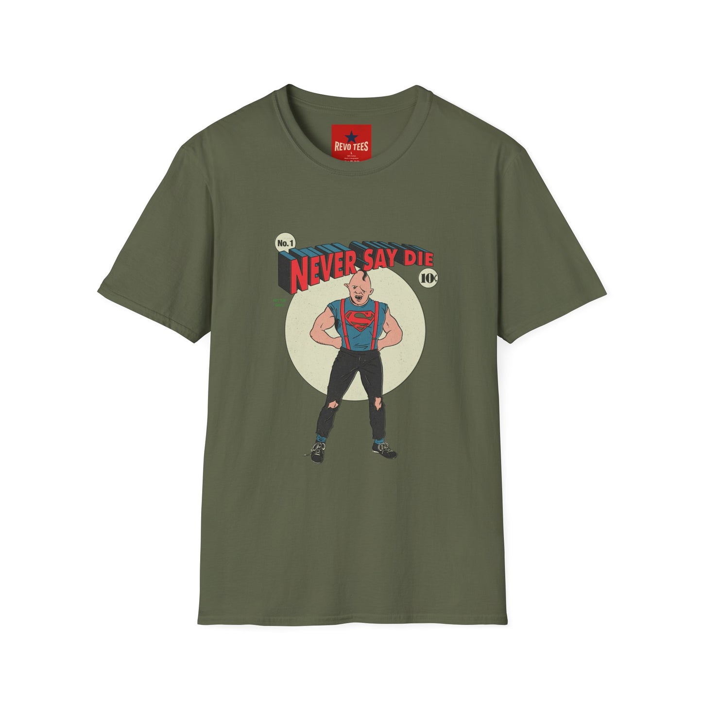 Never Say Die T‑Shirt — Vintage Superhero Graphic Tee