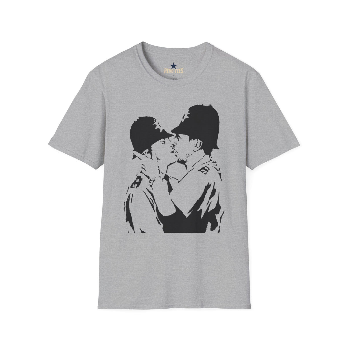 Revotees Banksy Kissing Soldiers Graphic Vintage Stencil Couple Print T-Shirt - alternate view 2